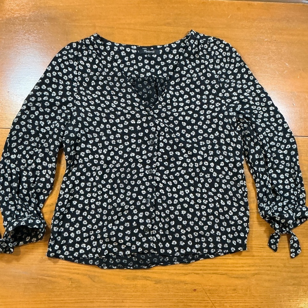 Madewell Black White Floral Button Front Tie Sleeve Top M